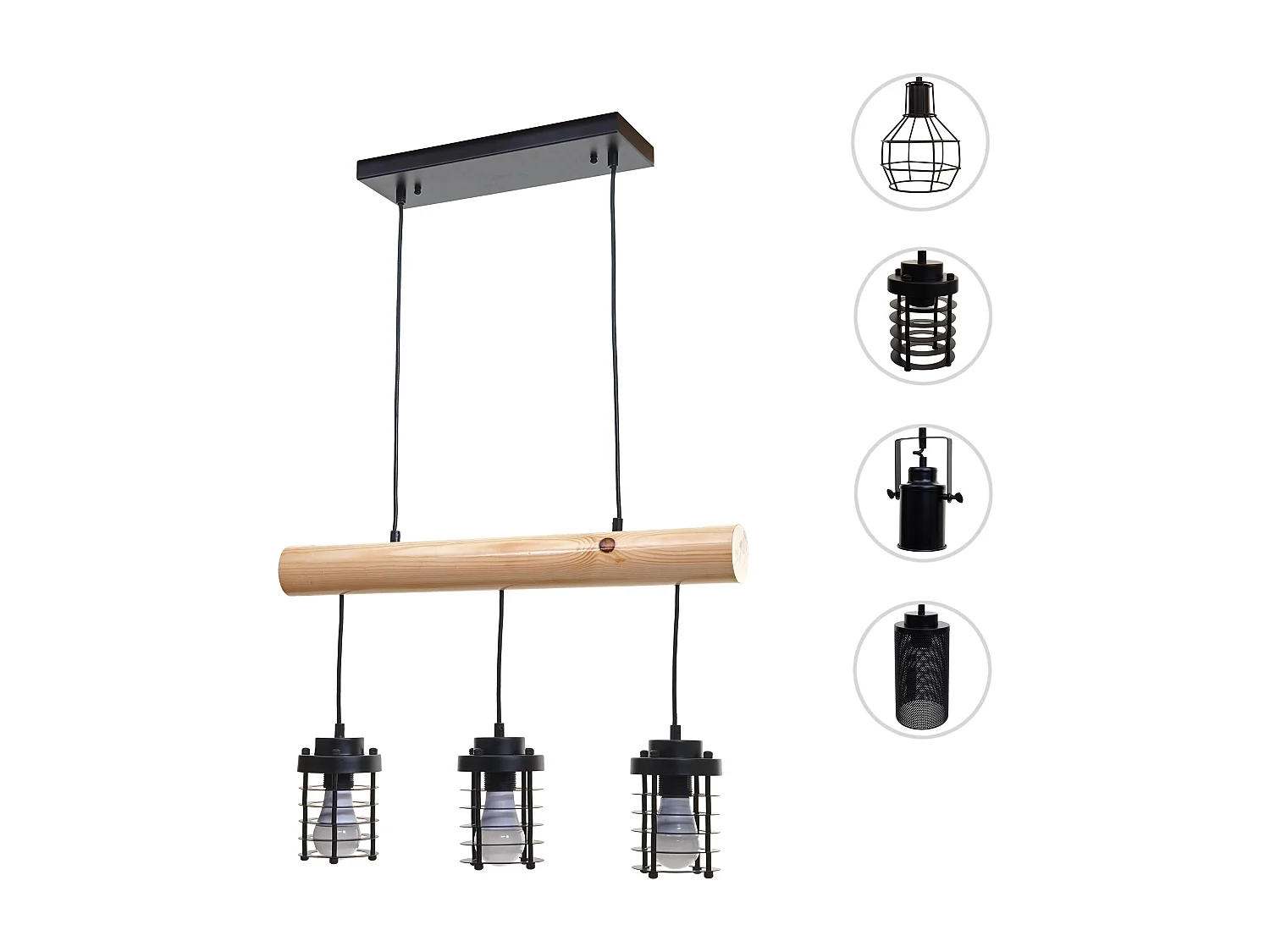 Suspension lampe suspendue suspension design industriel vintage bois massif métal noir 3 abat-jour 04_0004049