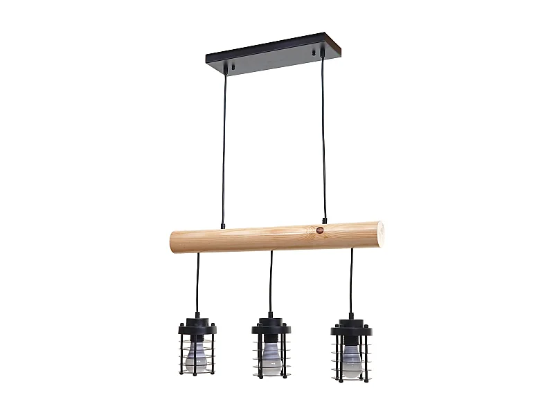 Suspension lampe suspendue suspension design industriel vintage bois massif métal noir 3 abat-jour 04_0004049