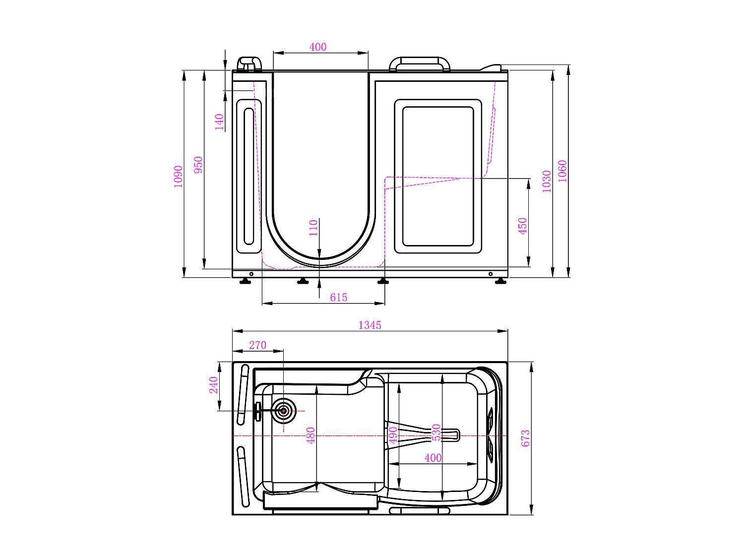 Wanna z hydromasażem i drzwiami - 1 miejsce siedzące - 355 l - 134,5 x 67,3 x 106 cm - BURAM