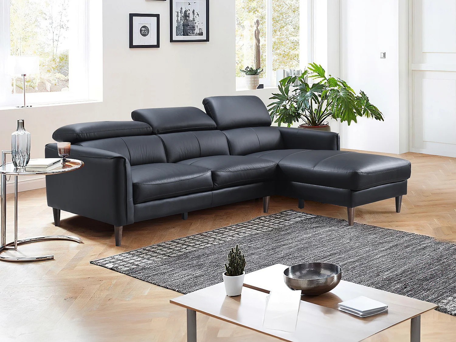 Ecksofa - Ecke rechts - Büffelleder - Schwarz - SALVI