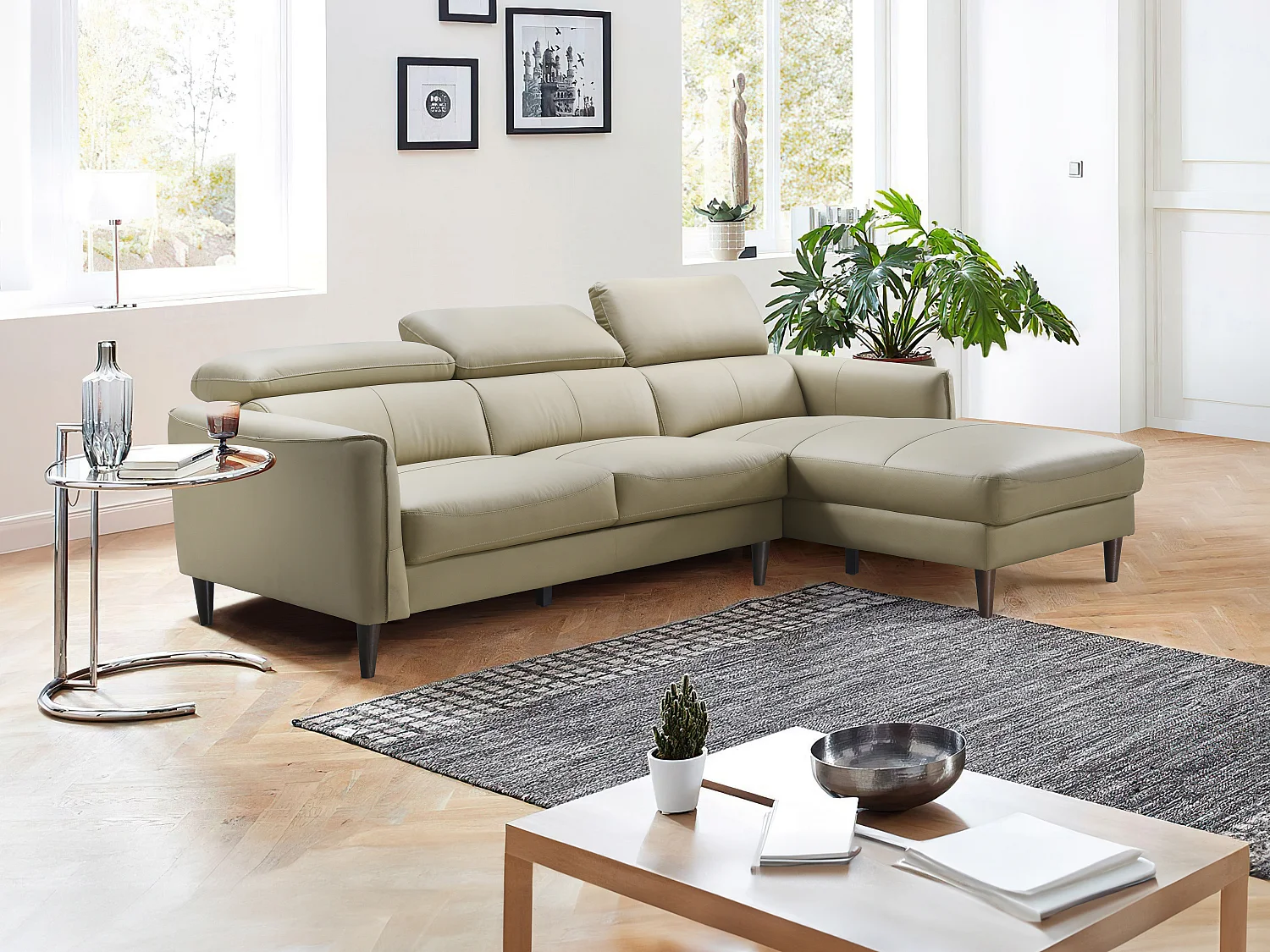 Canapé d'angle droit en cuir de buffle beige SALVI