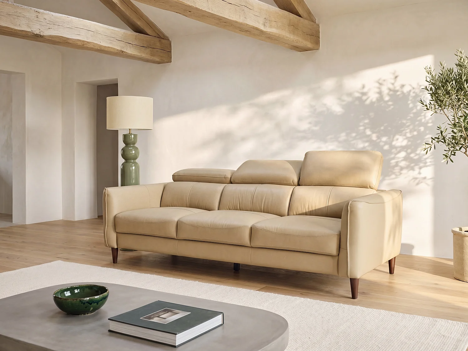 Sofá de 3 plazas de piel de búfalo beige SALVI