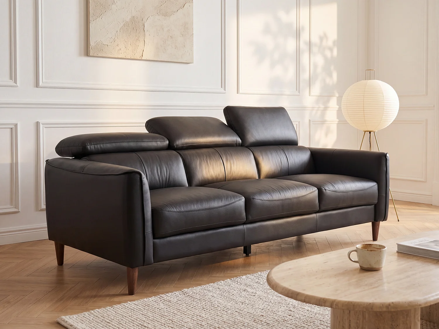 Sofá de 3 lugares pele de búfalo preto - SALVI