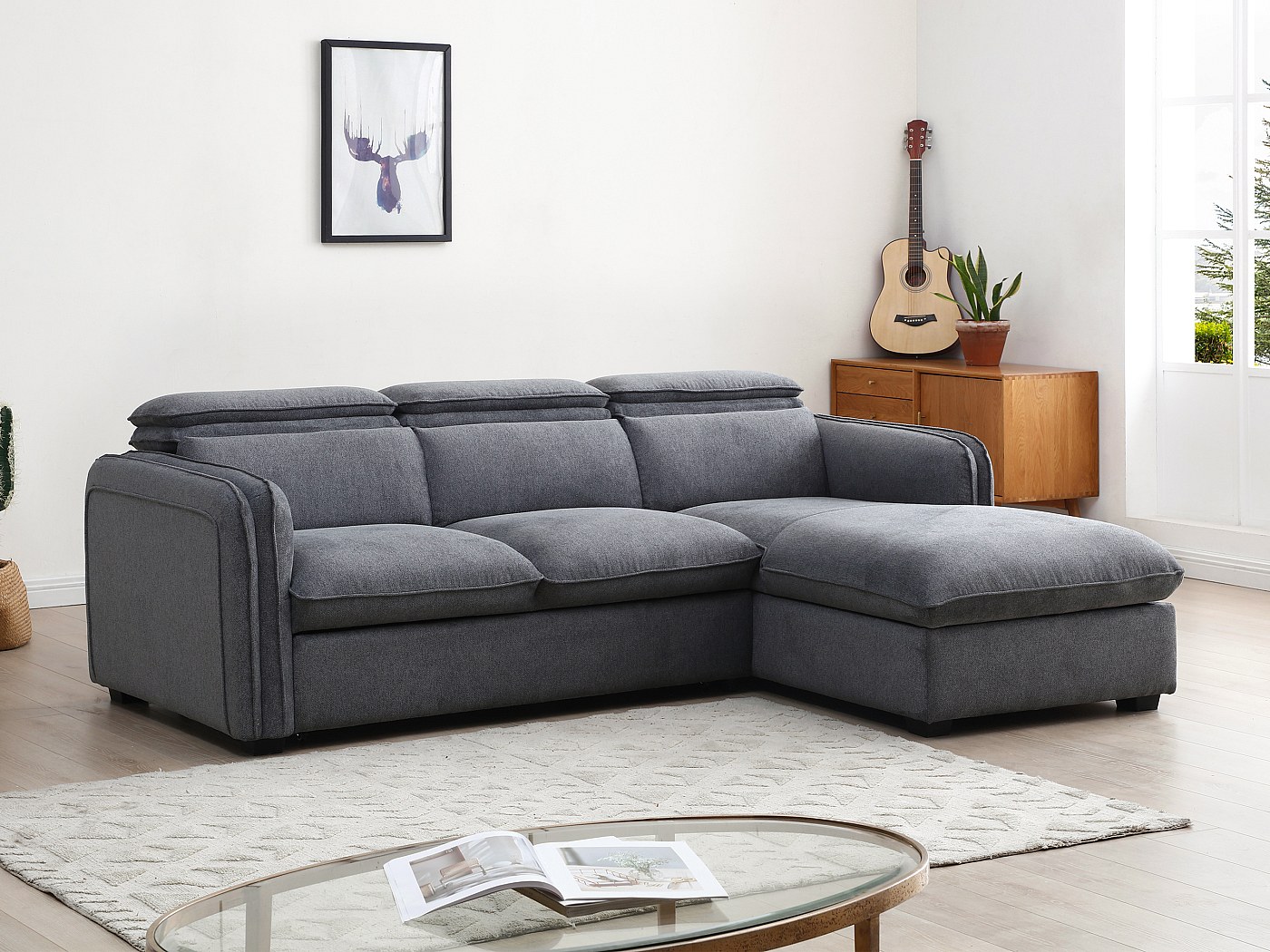 Canapé droit convertible coffre ARSENE avec pouf | BOBOCHIC