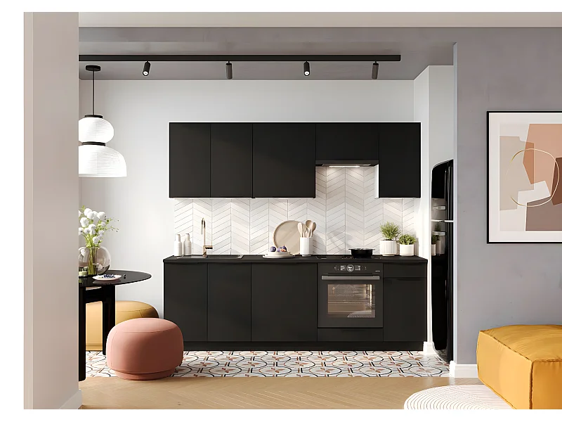 Cuisine complète Mona 8 éléments couleur noir avec plan de travail inclus - Longueur 180/240 cm