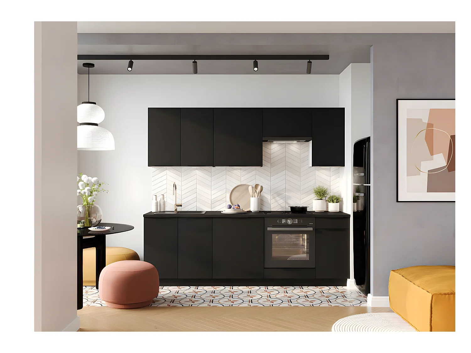 Cuisine complète Mona 8 éléments couleur noir avec plan de travail inclus - Longueur 180/240 cm