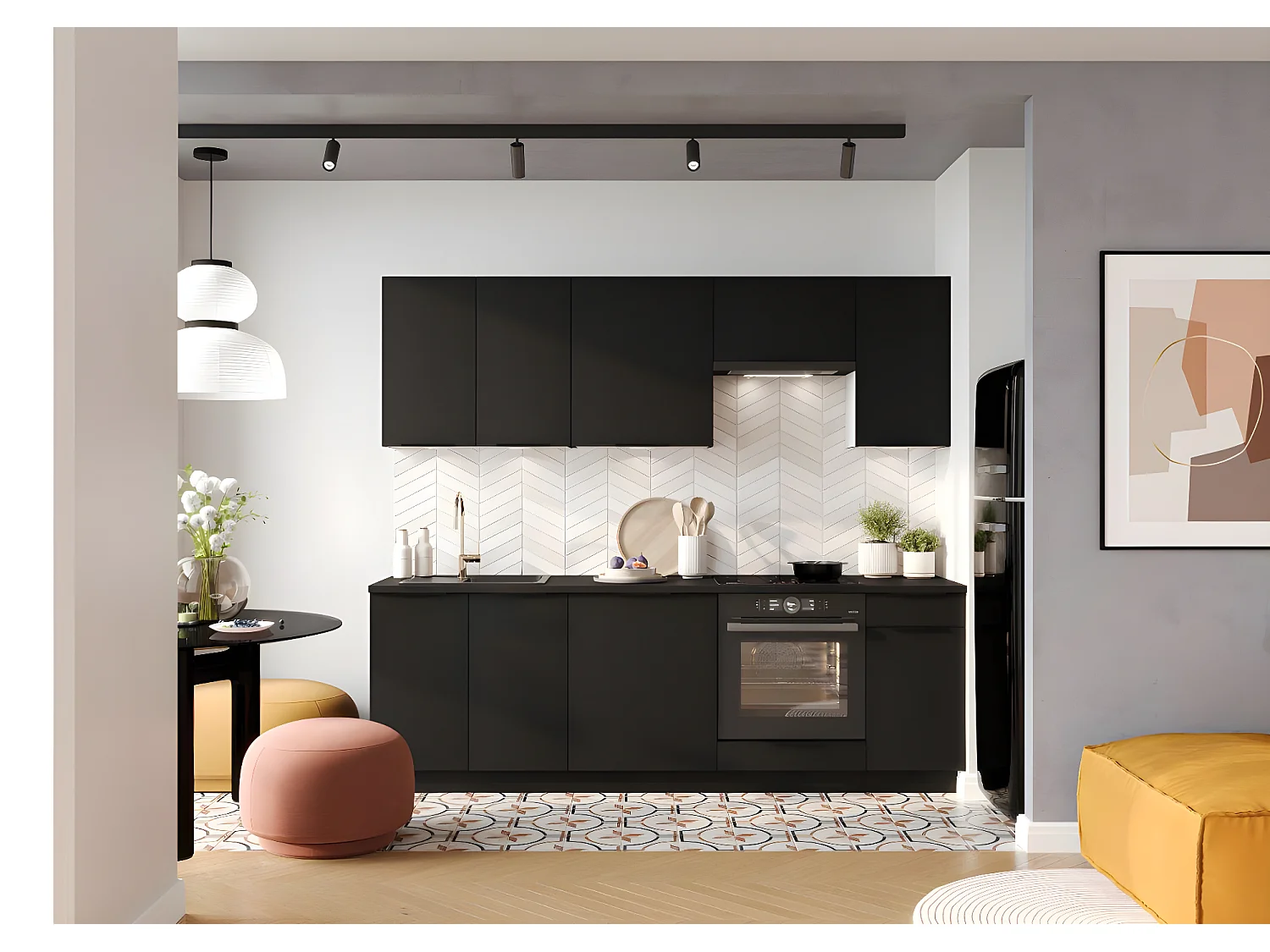 Cuisine complète Mona 8 éléments couleur noir avec plan de travail inclus - Longueur 180/240 cm