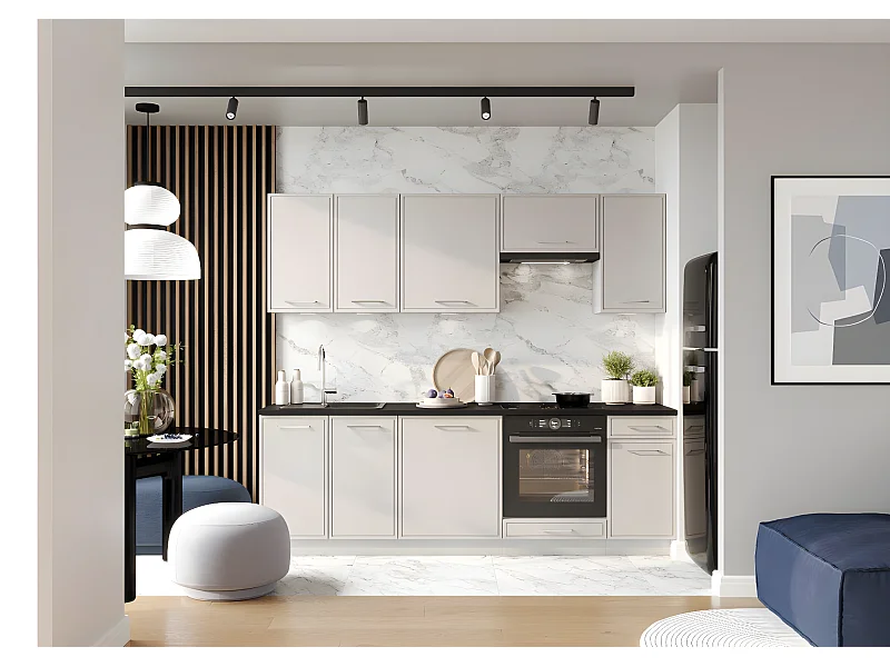 Cuisine complète Bora 8 éléments couleur beige mat avec plan de travail inclus - Longueur 240 cm