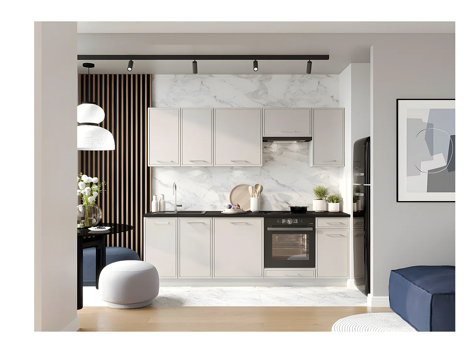 Cuisine complète Bora 8 éléments couleur beige mat avec plan de travail inclus - Longueur 240 cm