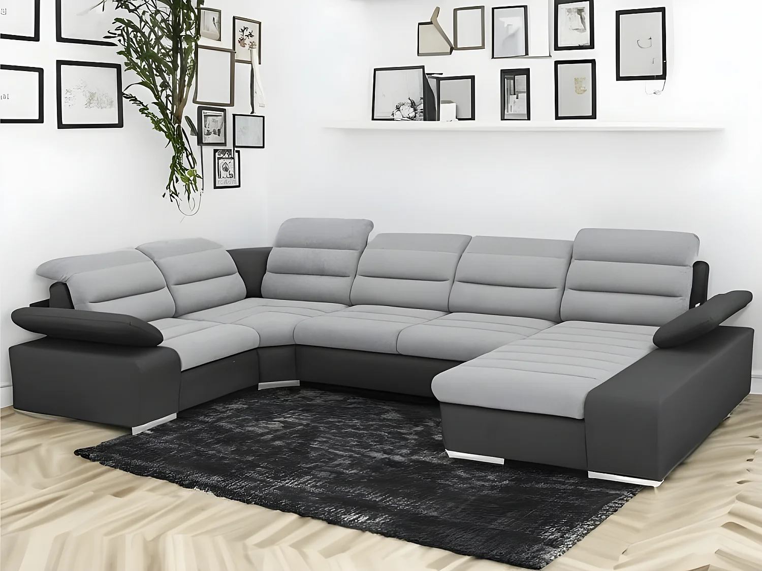 Canapé d'angle panoramique KORUS gris et noir angle gauche avec têtières réglables