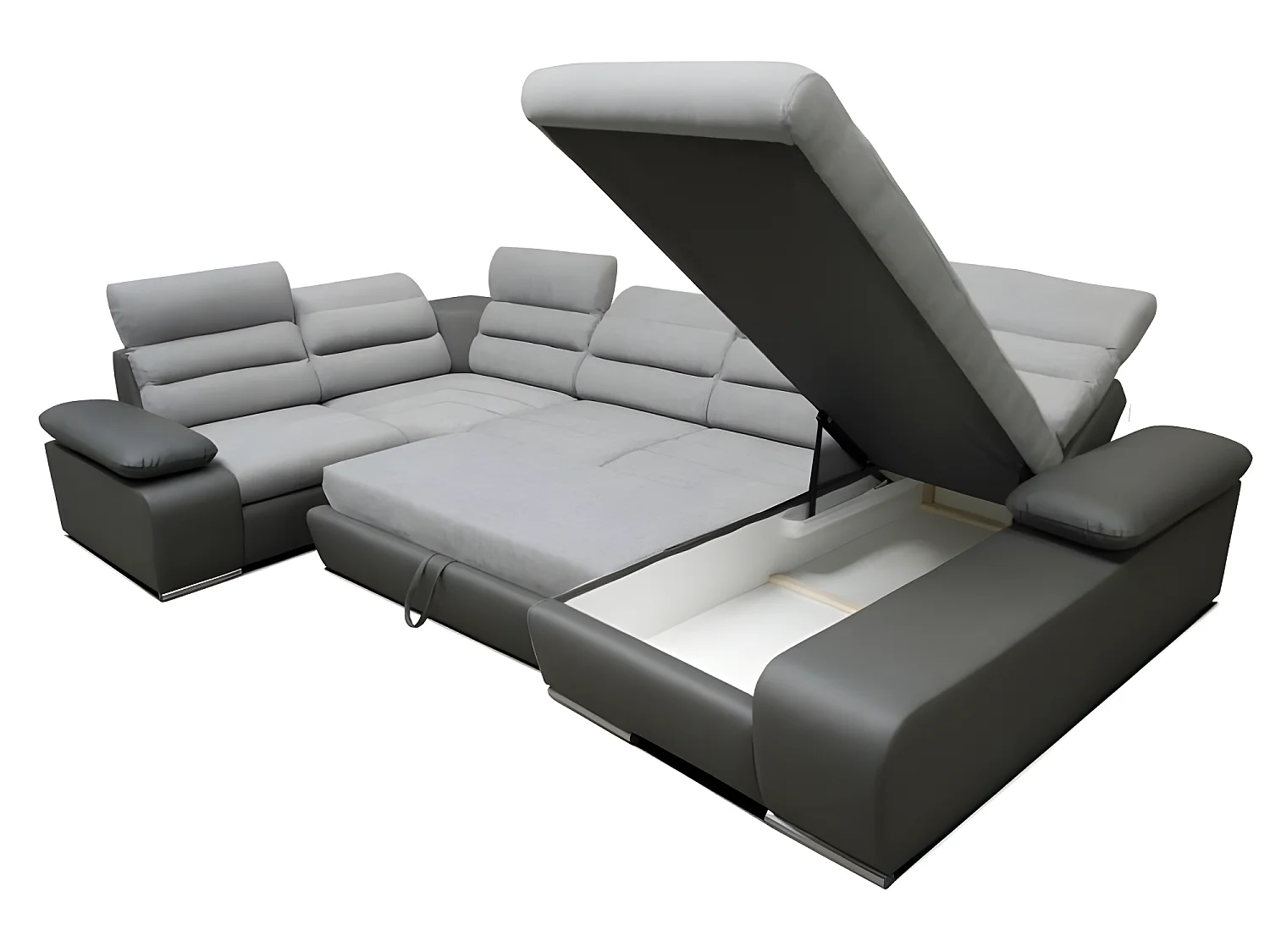 Canapé d'angle panoramique KORUS gris et noir angle gauche avec têtières réglables