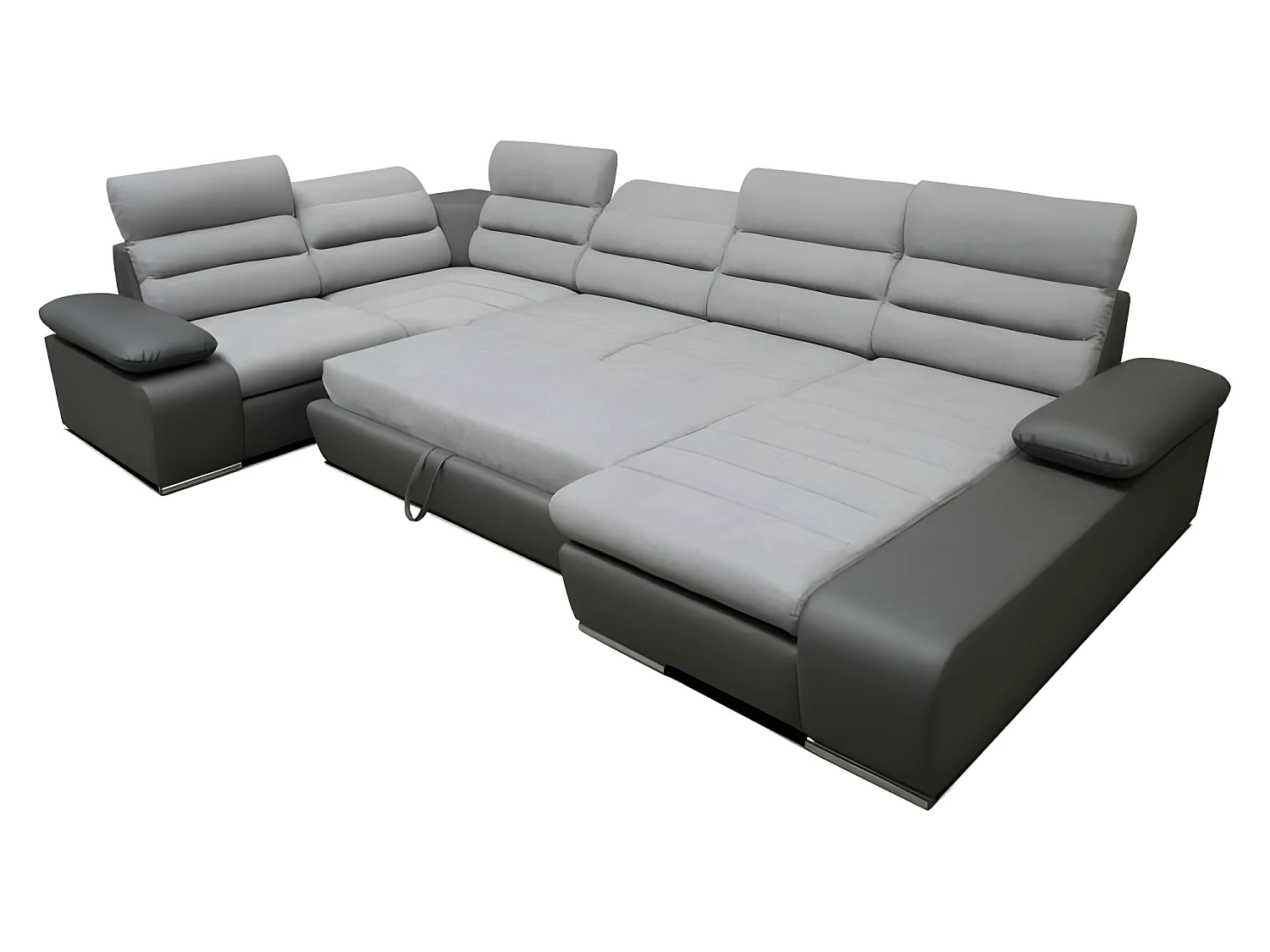 Canapé d'angle panoramique KORUS gris et noir angle gauche avec têtières réglables