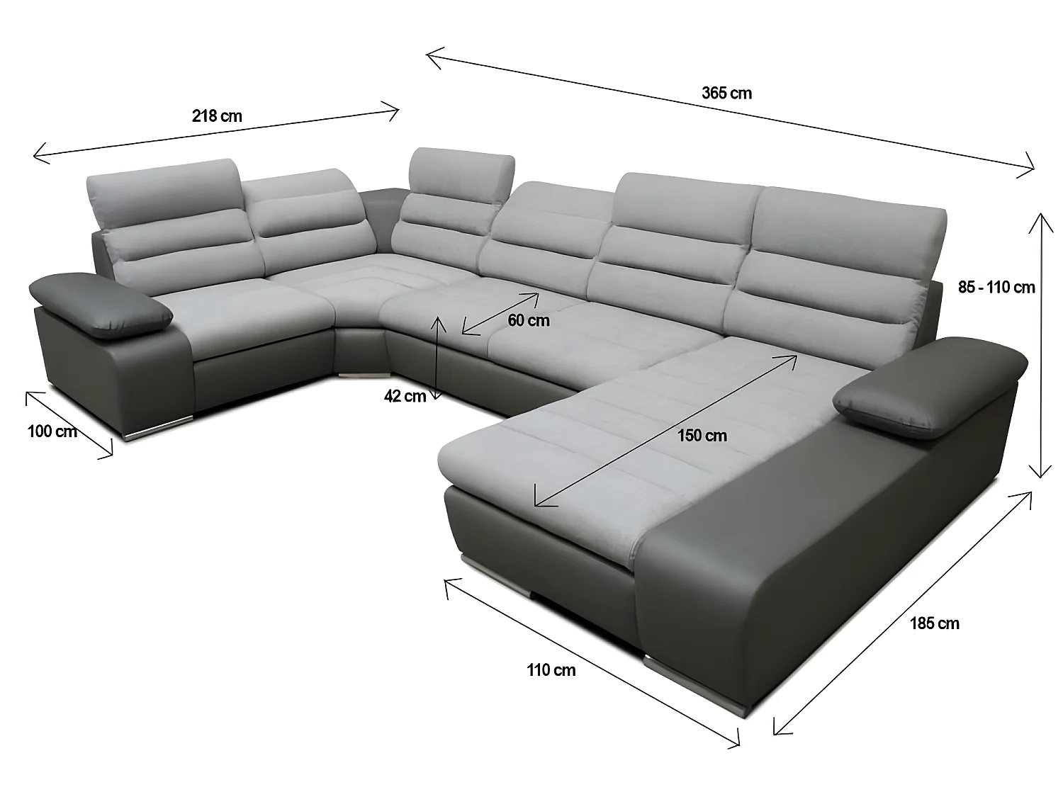 Canapé d'angle panoramique KORUS gris et noir angle gauche avec têtières réglables