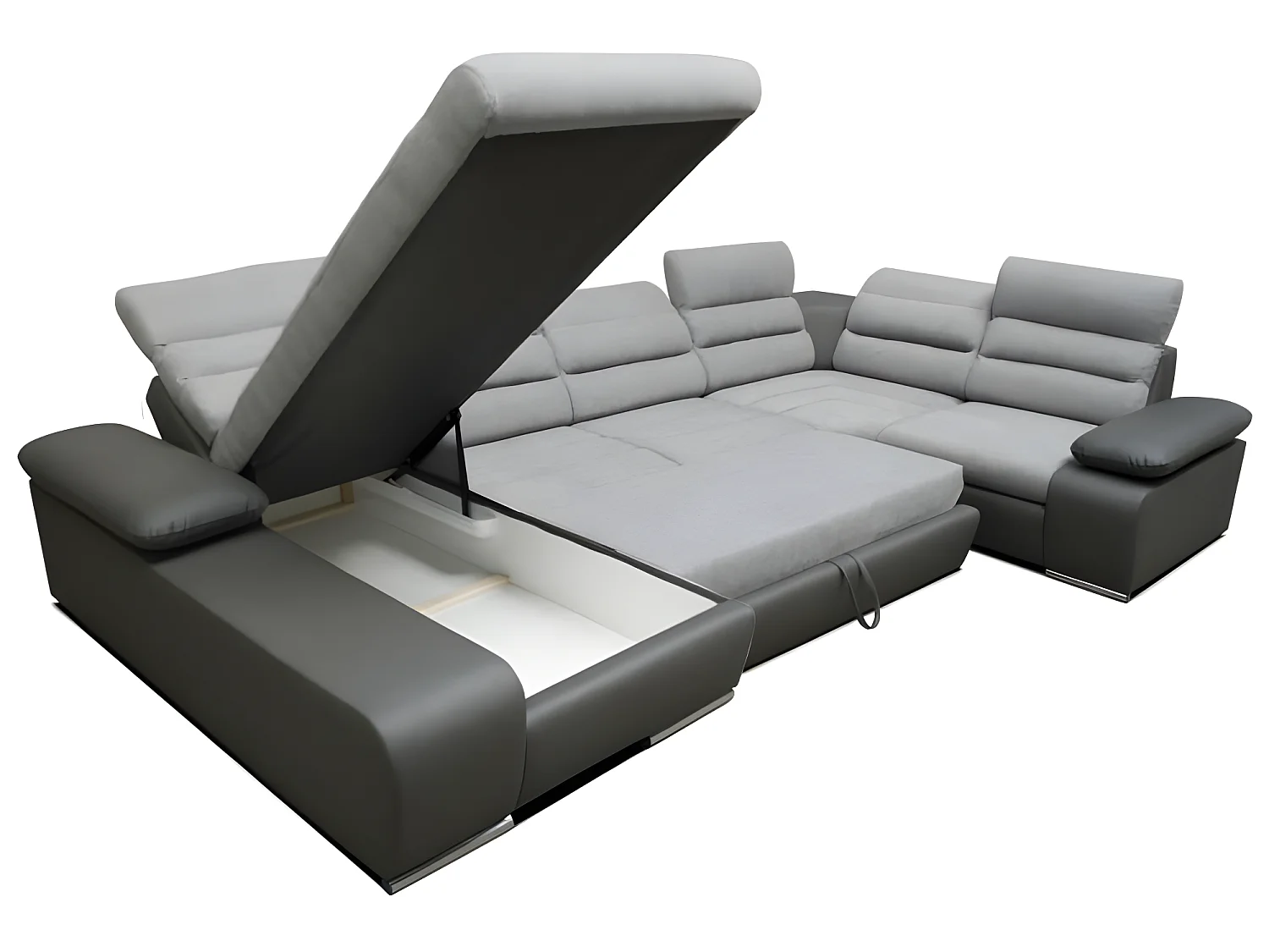 KORUS grijze en zwarte panoramische hoekbank links hoek met verstelbare hoofdsteunen