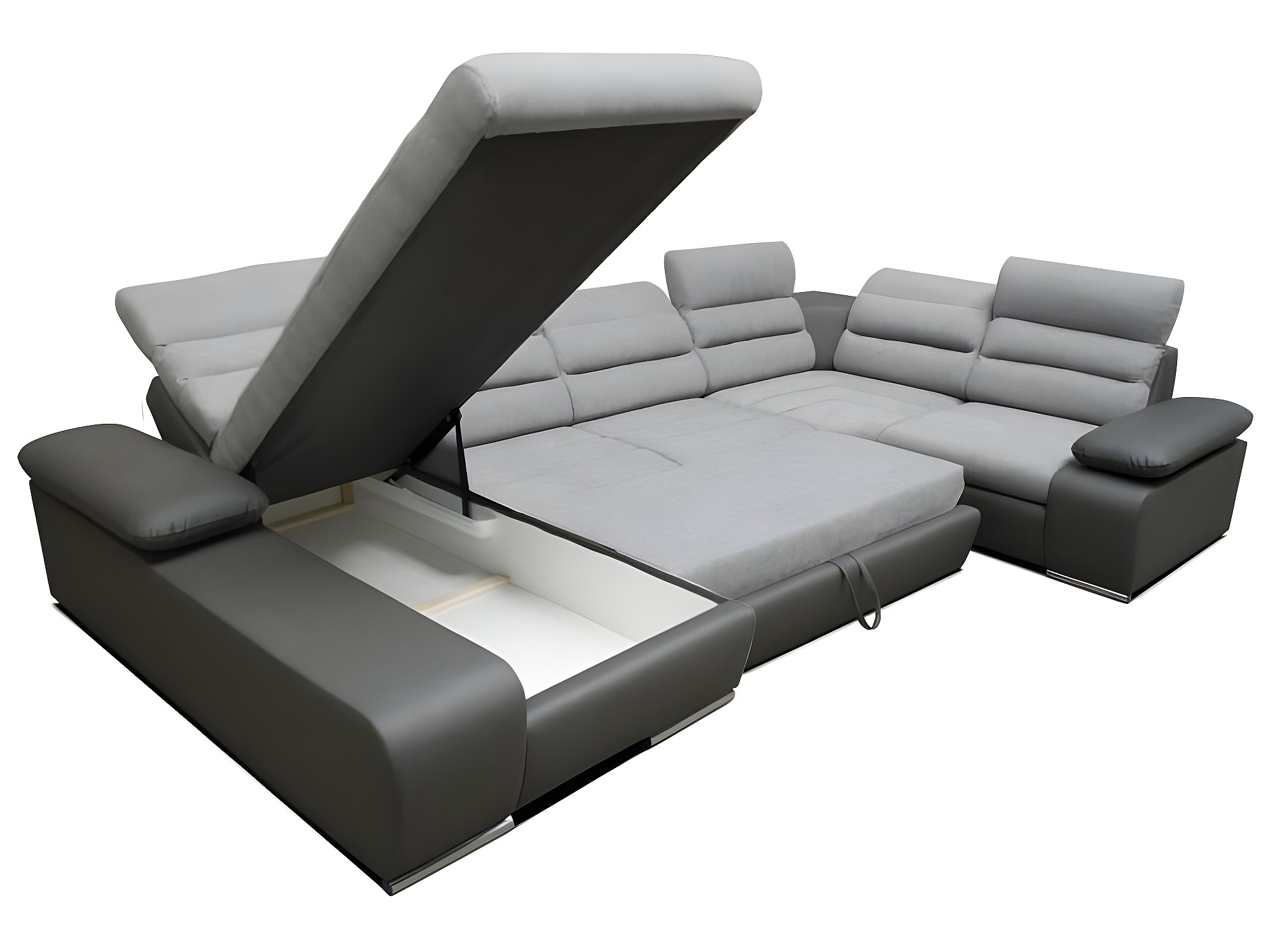 Canapé D'angle Convertible Avec Lit Et Coffre KORUS - Dimensions 365x218 Cm - Têtières Réglables - Couleur Gris Foncé/blanc - Fabriqué En Europe