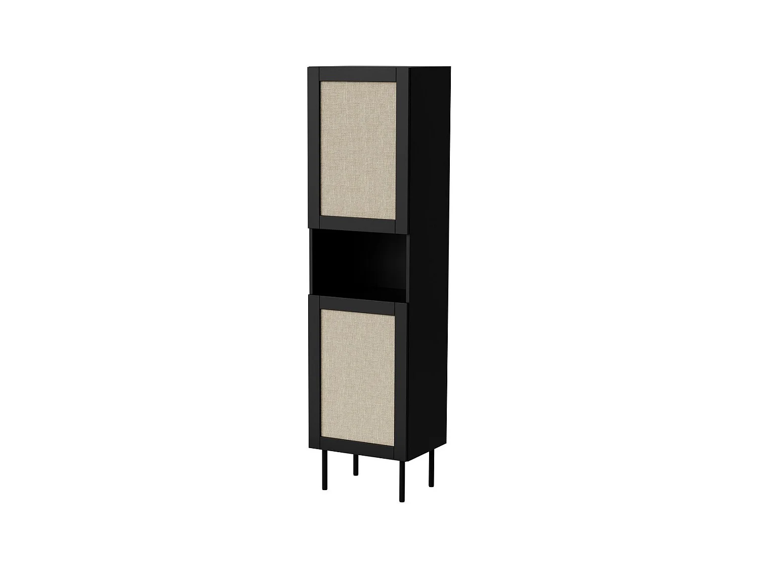 Vitrine noire 190 cm avec façades en rotin et niche de rangement Rota