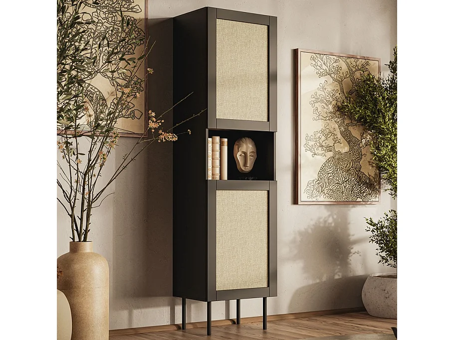 Vitrine noire 190 cm avec façades en rotin et niche de rangement Rota