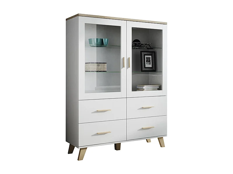 Vitrine scandinave décor chêne et blanc mat 120x160cm Colin