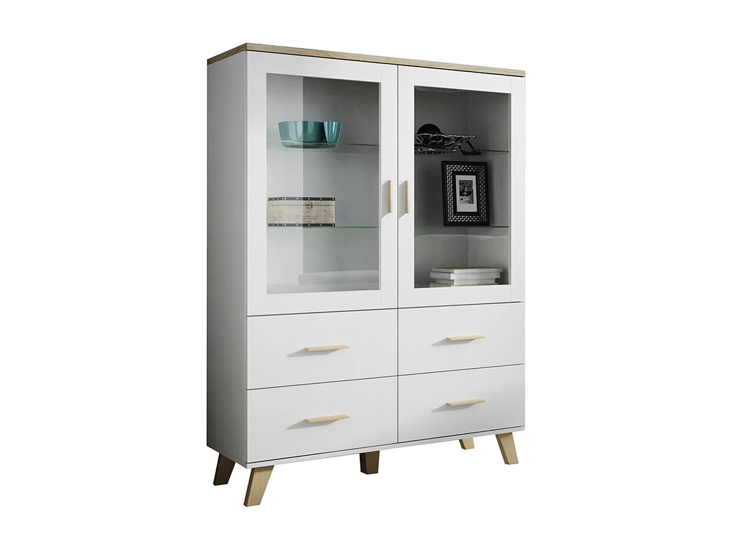 Vitrine scandinave décor chêne et blanc mat 120x160cm Colin