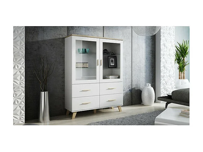 Vitrine scandinave décor chêne et blanc mat 120x160cm Colin