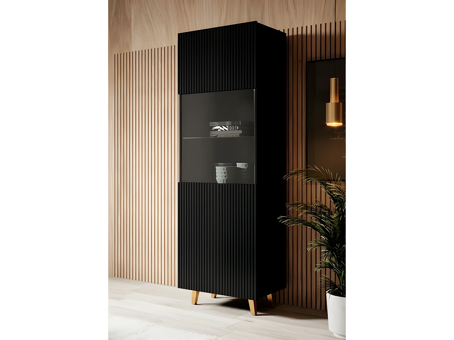 Vetrina design scanalata Gustave a 2 nicchie in nero opaco