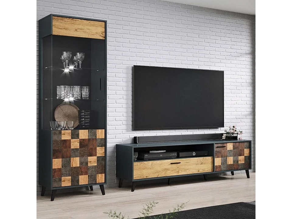 Vitrine grise et style bois patchwork 192 cm Patch