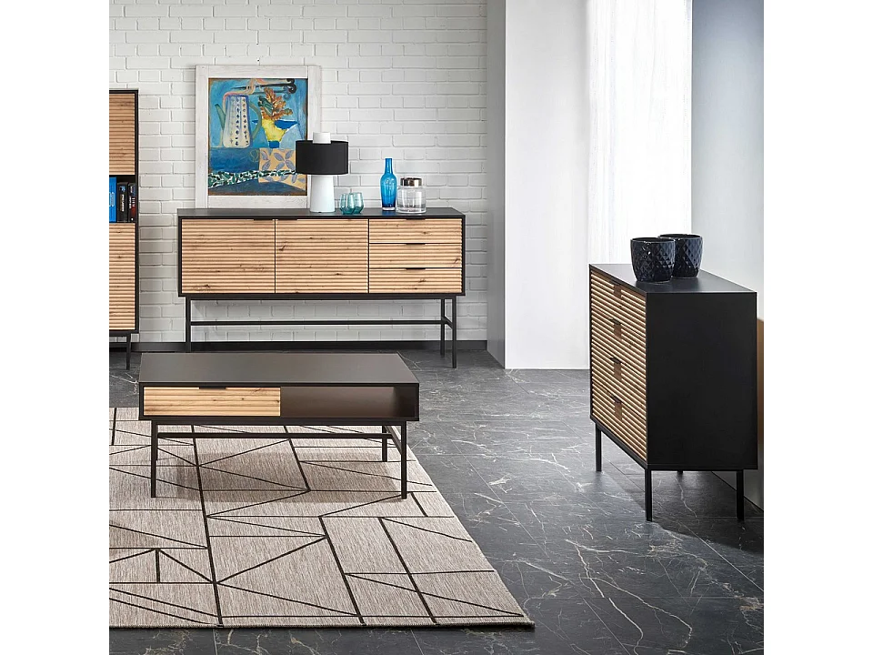 Credenza bassa in stile industriale in look rovere con struttura in metallo nero SMASH