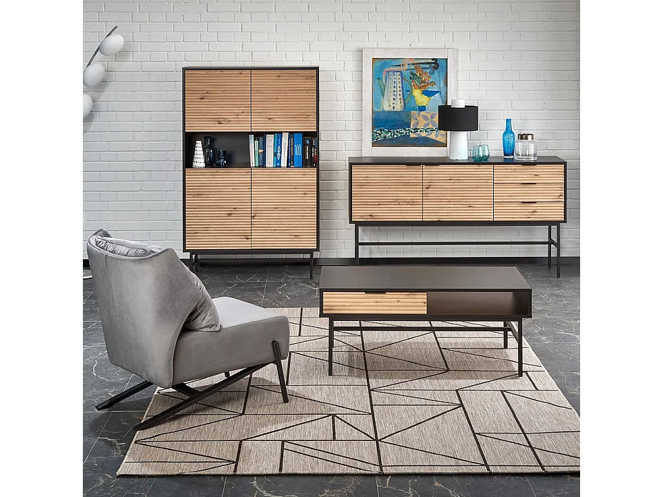Credenza bassa in stile industriale in look rovere con struttura in metallo nero SMASH