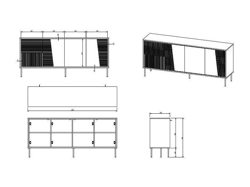 Aparador de diseño negro mate de 200 cm con patas de metal negro Ula