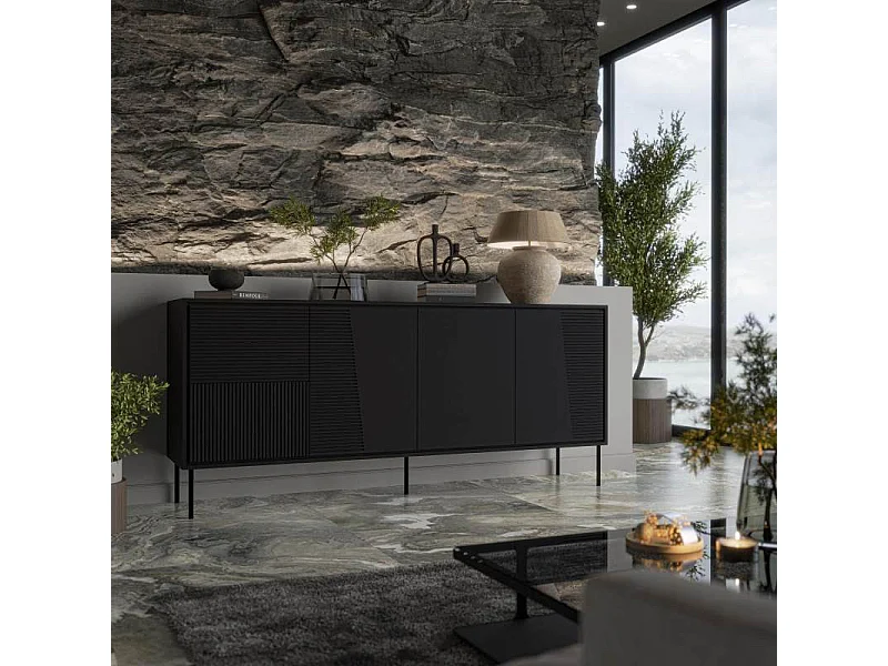 Buffet design noir mat 200 cm avec pieds en métal noir Ula