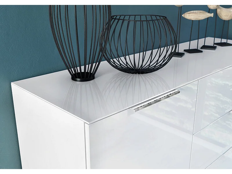 Grand buffet noir 2 portes 4 tiroirs façades en verre GLADYS - Blanc