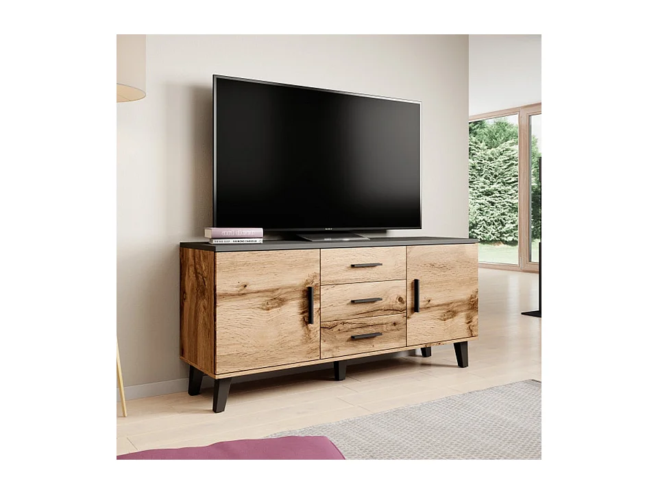 Buffet noir et decor bois 2 portes 3 tiroirs 150cm Colin