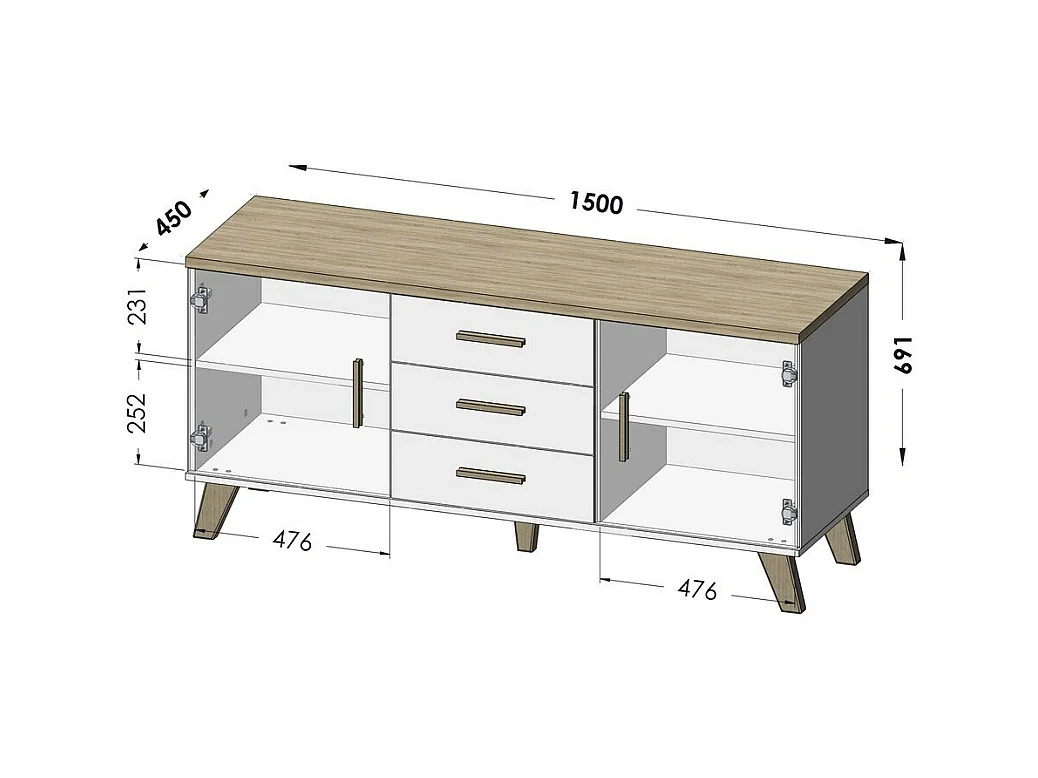 Comò nero e legno 2 ante 3 cassetti 150cm Colin
