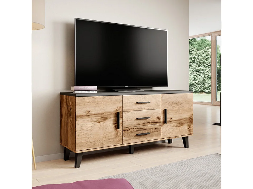 Cómoda negra y madera 2 puertas 3 cajones 150cm Colin