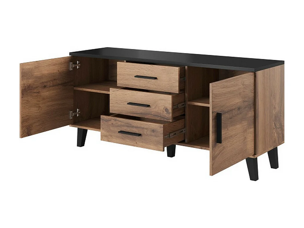 Cómoda negra y madera 2 puertas 3 cajones 150cm Colin