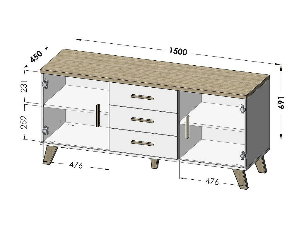 Cómoda negra y madera 2 puertas 3 cajones 150cm Colin