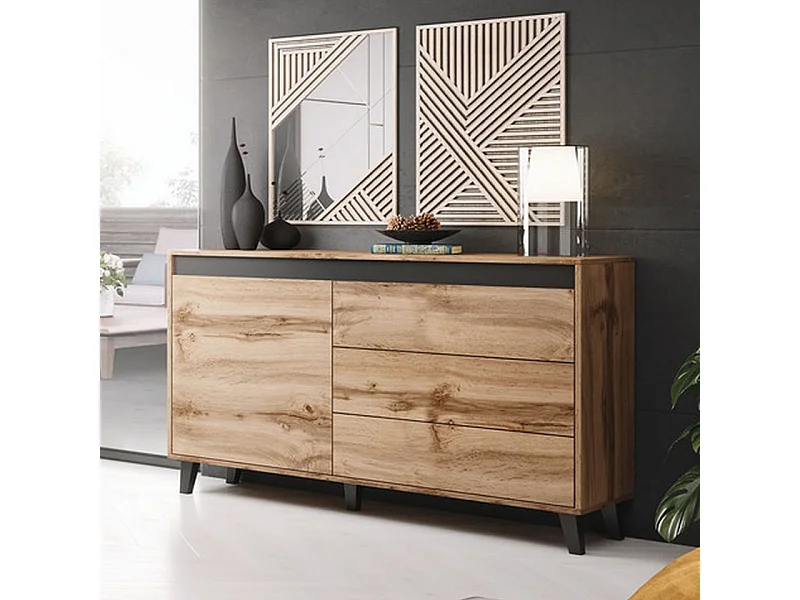 Commode 1 porte 3 tiroirs 138cm décor chêne Stik