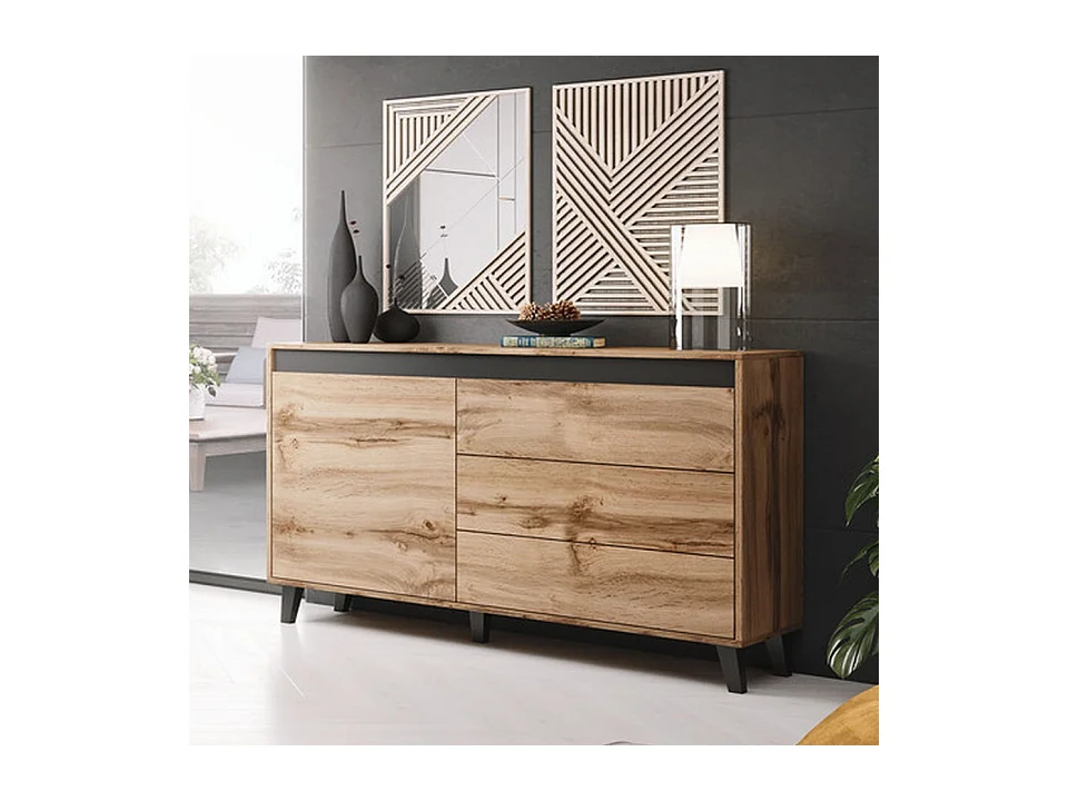 Commode 1 porte 3 tiroirs 138cm décor chêne Stik