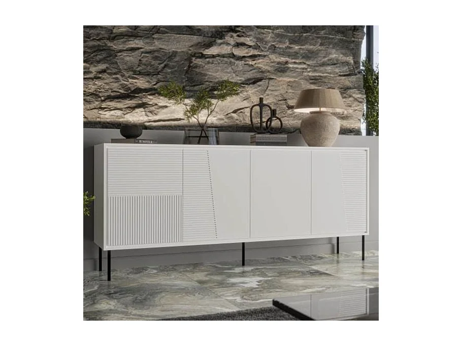 Buffet design blanc mat 200 cm avec pieds en métal noir Ula