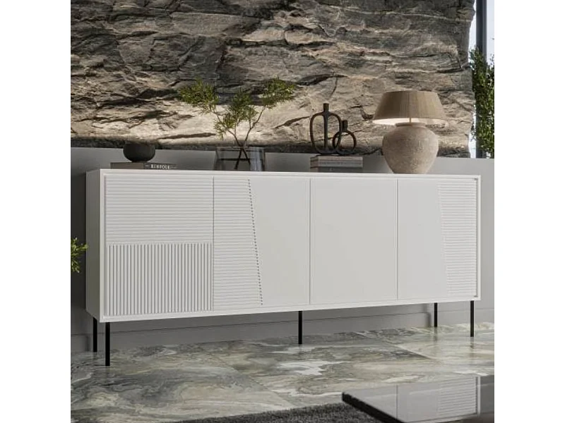 Credenza di design da 200 cm in bianco opaco con gambe in metallo nero Ula