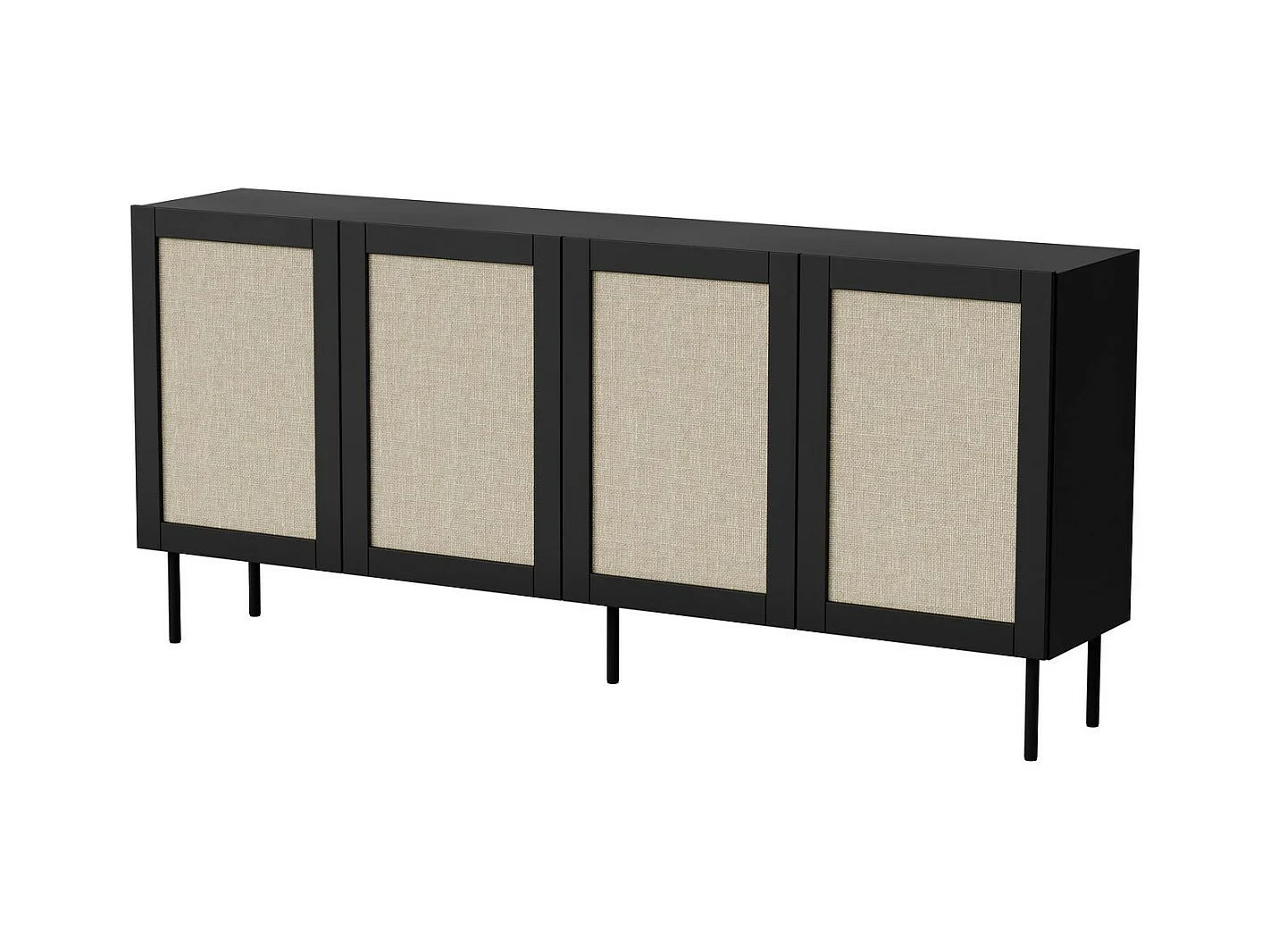 Buffet noir 200 cm avec 4 portes et façades en rotin Rota