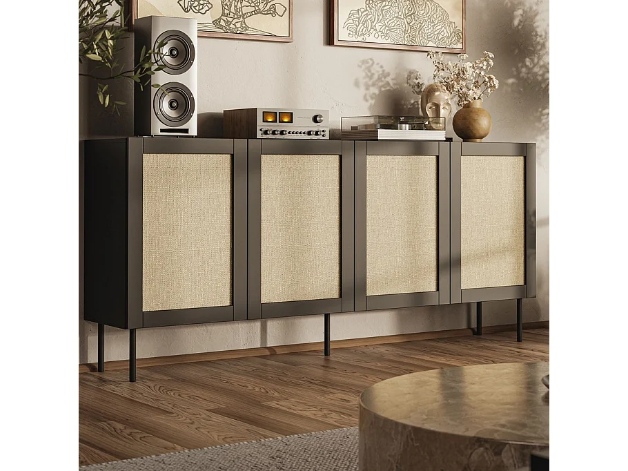 Aparador negro de 200 cm con 4 puertas y frentes de ratán Rota