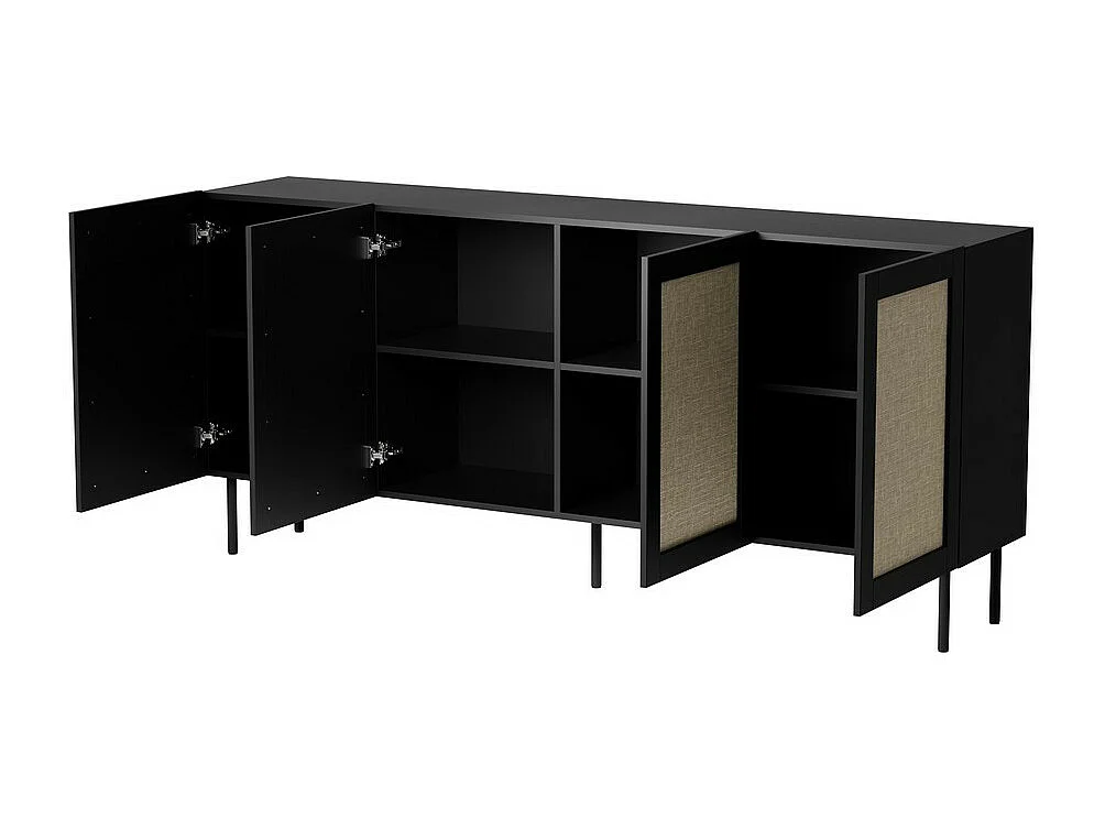 Aparador negro de 200 cm con 4 puertas y frentes de ratán Rota