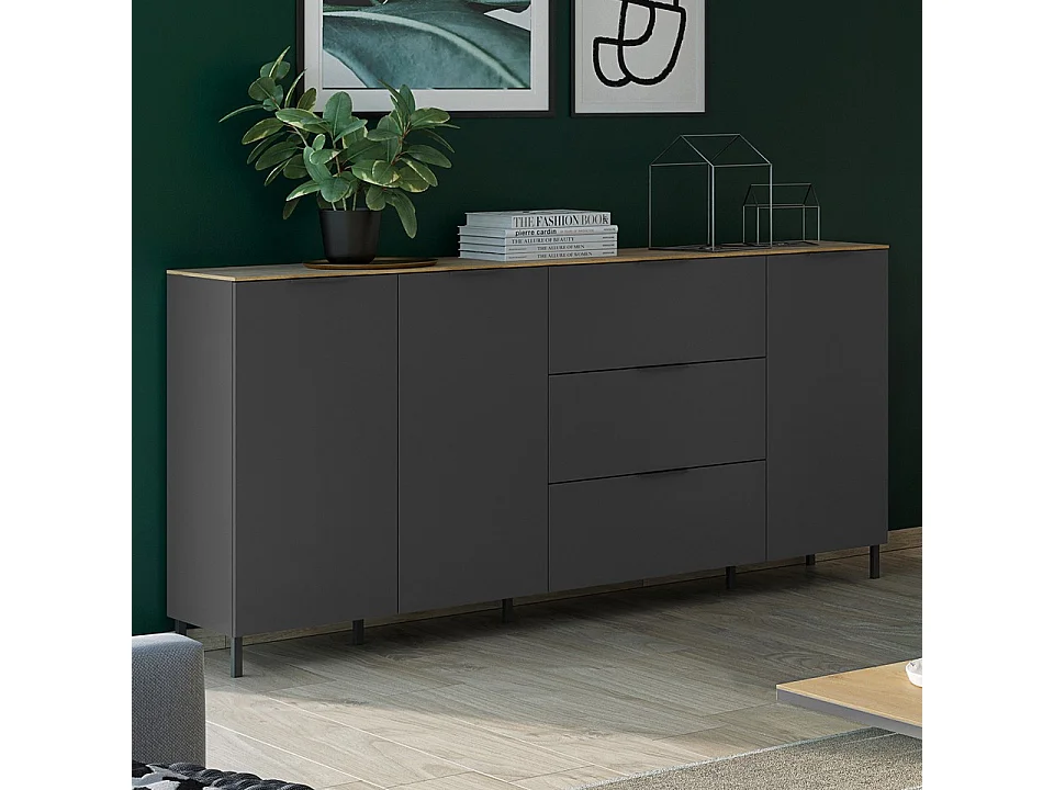 Buffet design gris et bois 3 portes 3 tiroirs 192cm Costal