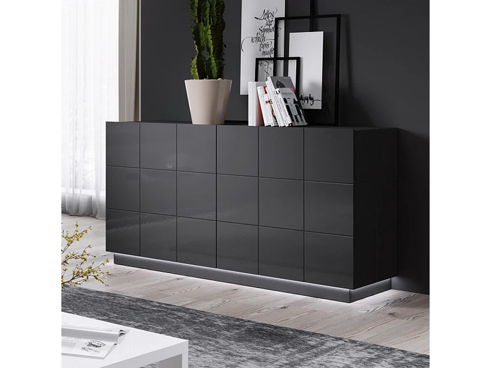 Buffet design gris brillant 138cm + LED Flow - bleu