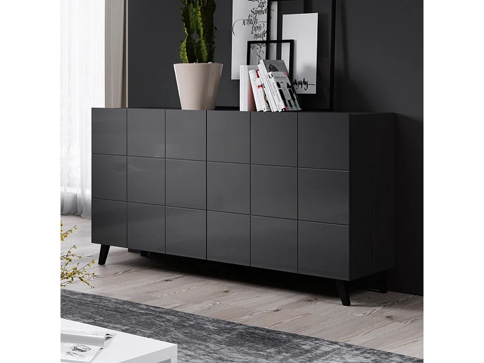 Buffet design gris brillant 138cm + LED Flow - bleu