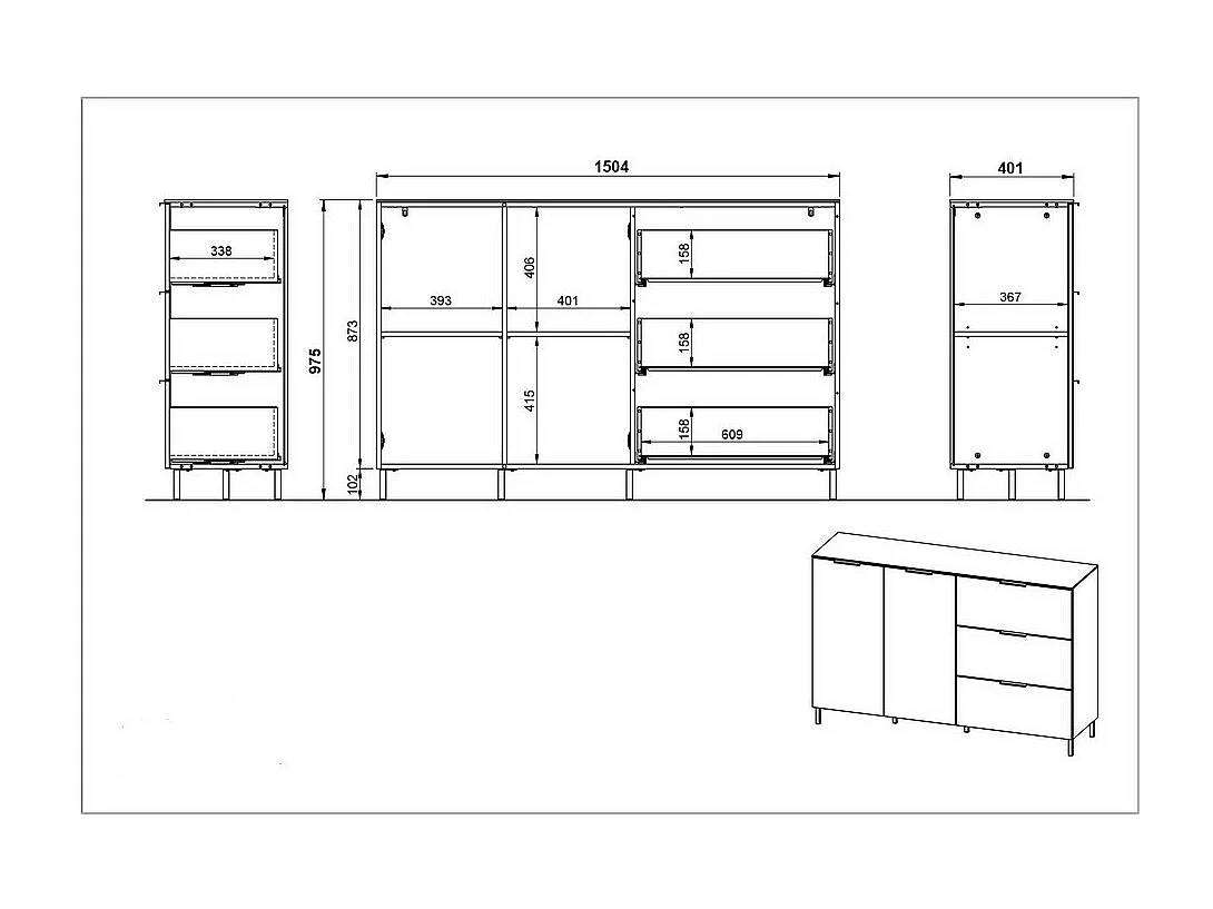Credenza design grigio e legno 2 armadi 3 cassetti Costal