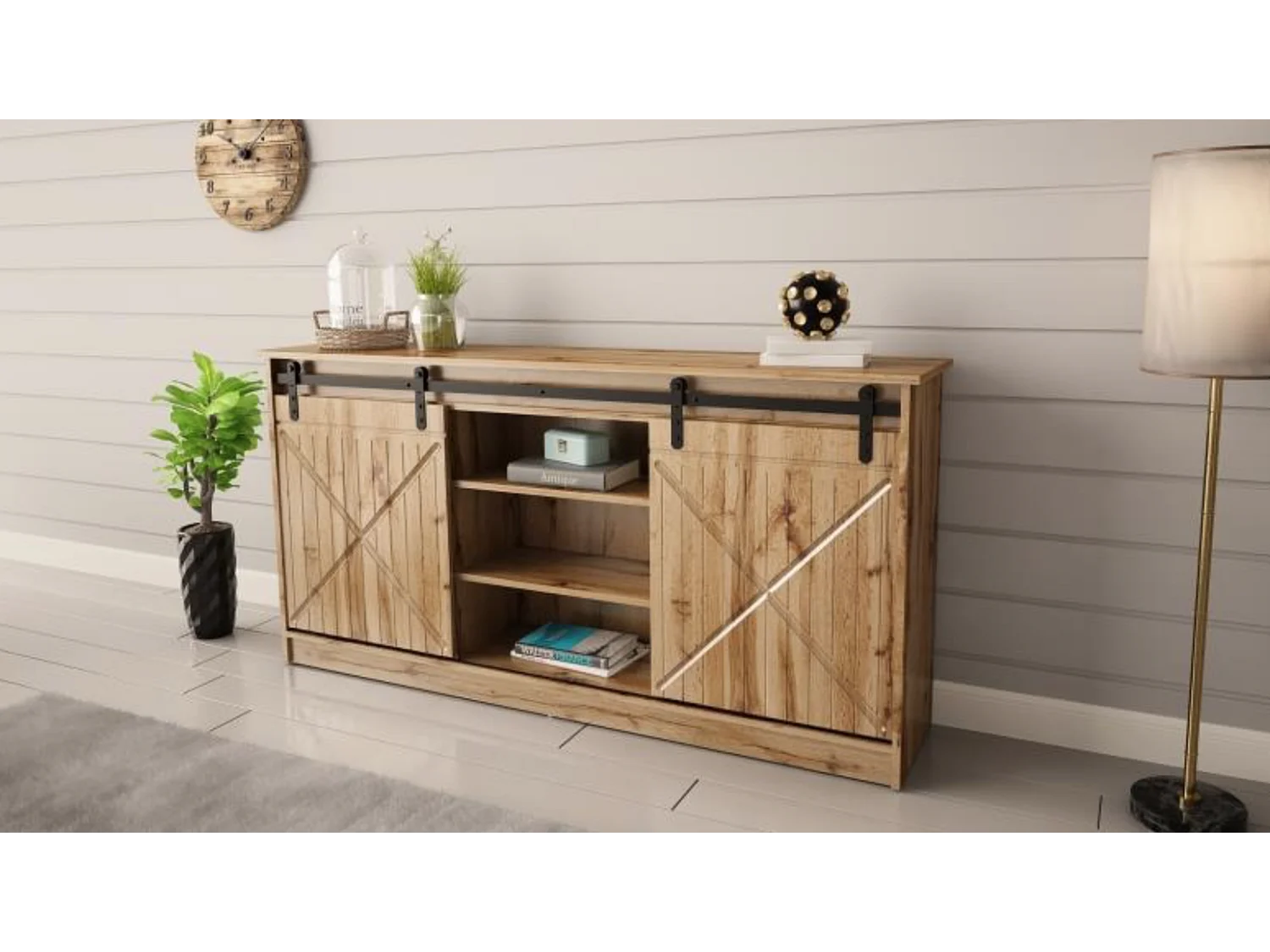Buffet chêne wotan 160 cm portes coulissantes Hexa