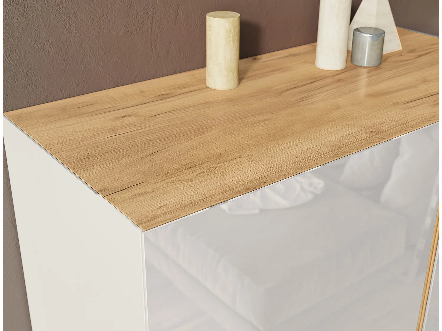 Credenza scandinava in legno e beige con cornice in vetro CHLOE