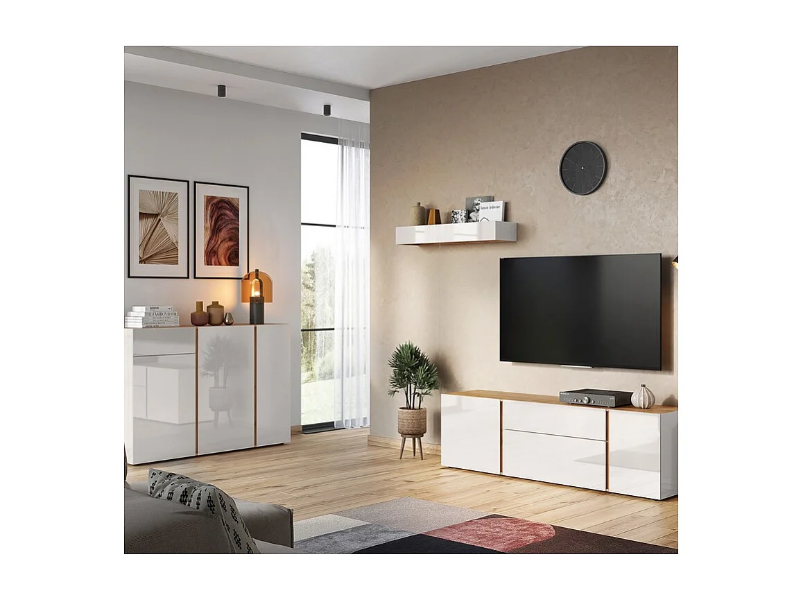 Credenza scandinava in legno e beige con cornice in vetro CHLOE